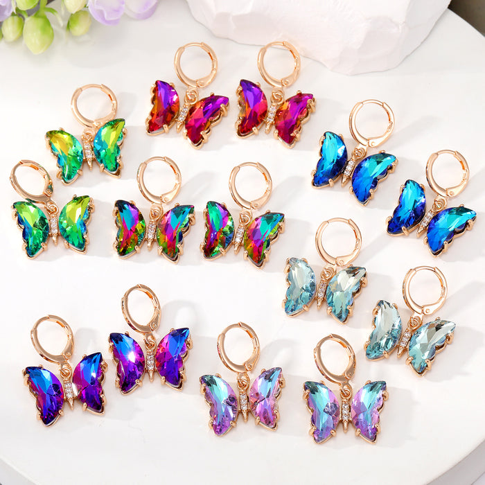 Gold Tone Faceted Crystal Butterfly Huggie Drop Earrings in Seven Colors