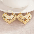 Gold Tone Hollow Heart Filigree Hoop Clip Earrings Pair view 2