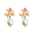 Gold Triple Flower Pearl Drop Earrings Baroque Dangle view 5