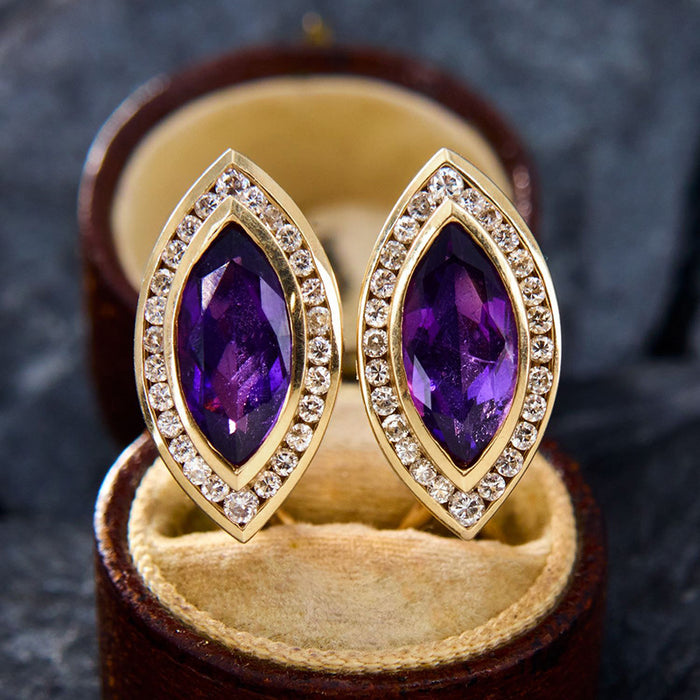 Gold Marquise Purple Crystal Halo Stud Earrings Pair