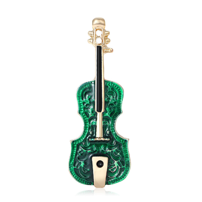 Green Enamel Violin Brooch Scrollwork Body Gold Tone Neck