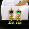 Gold Tone Bell Jhumka Earrings Red Green Crystal Pearl Tassels view 4
