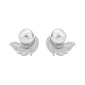 Silver Tone Leaf Stud Earrings With Gray And White Pearl Tops view 2