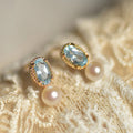 Gold Oval Light Blue Stone Pearl Drop Stud Earrings view 3