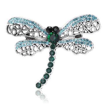 Crystal Filigree Dragonfly Brooch Blue Green and Pink
