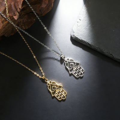 Main product view of rhinestone Hamsa Hand Pendant Necklaces in Two Finishes