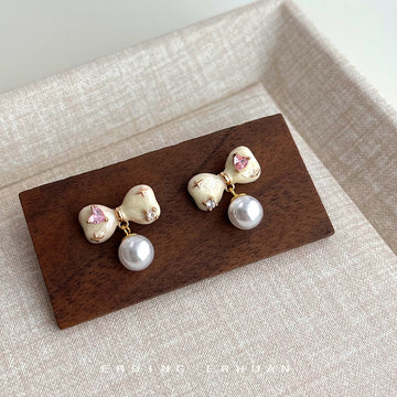 Cream Enamel Bow Stud Earrings Pink Heart Crystal Pearl