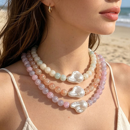 Front display of the pictured baroque bead necklaces and its visible color details