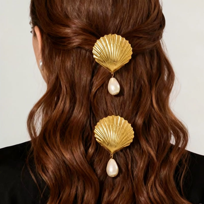 Metal Scallop Shell Duckbill Hair Clip With Pearl Drop