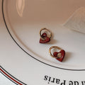 Gold Huggie Hoops Wine Red Enamel Open Heart Earrings view 4