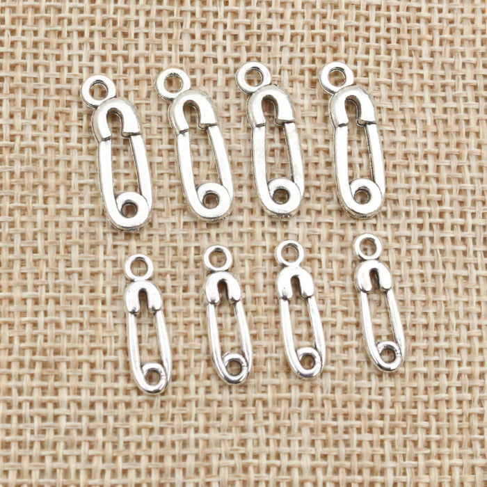 Safety Pin Shaped Charms in Two Sizes and Silver Tone Metal