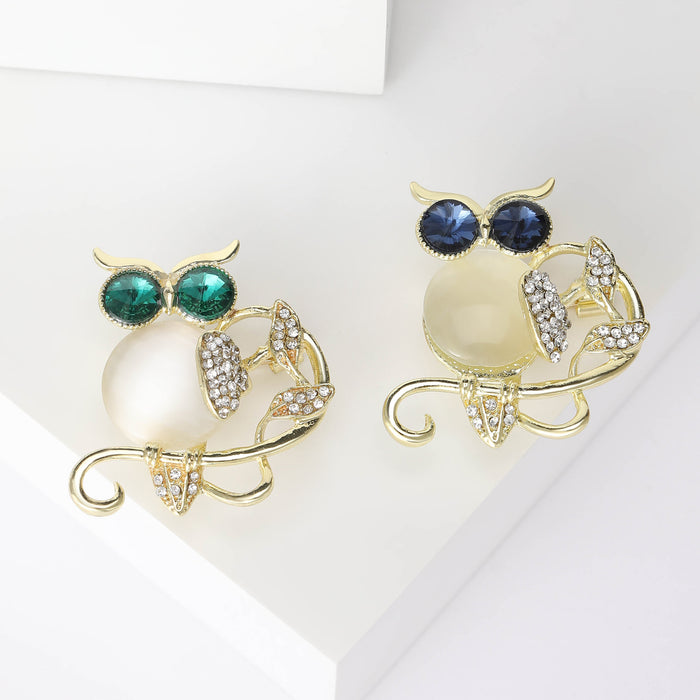 Gold Owl Brooch Cats Eye Body Rhinestone Eyes Two Styles