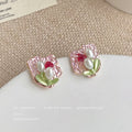 Pink Hammered Stud Earrings Pearl Tulip Red Crystal Pair view 3