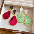 Two Tone Teardrop Statement Earrings in Green and Fuchsia view 4
