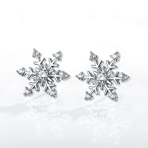 Silver Tone Snowflake Clear Stone Stud Earrings Statement Jewelry - front product view