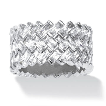 Silver Tone Interlaced Woven Crystal Statement Wide Band Ring