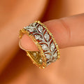 Two-Tone Leaf Scroll Clear Stone Wide Band Ring With Beaded Edges view 2