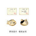 Gold Tone Cat And Fish Clear Stone Asymmetric Stud Earrings view 3