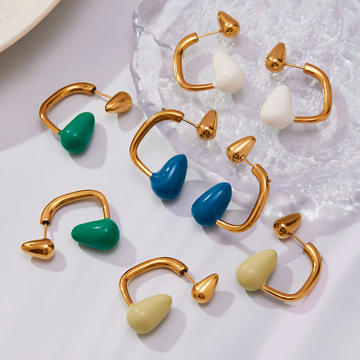 Metal C-Frame Enamel Teardrop Earrings Gold Steel Tone