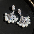 Fan Shaped Crystal Earrings with Pearl Fringe in Two Tones view 7
