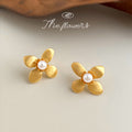 Gold Matte Brushed Four Petal Flower Studs White Pearl Center view 1