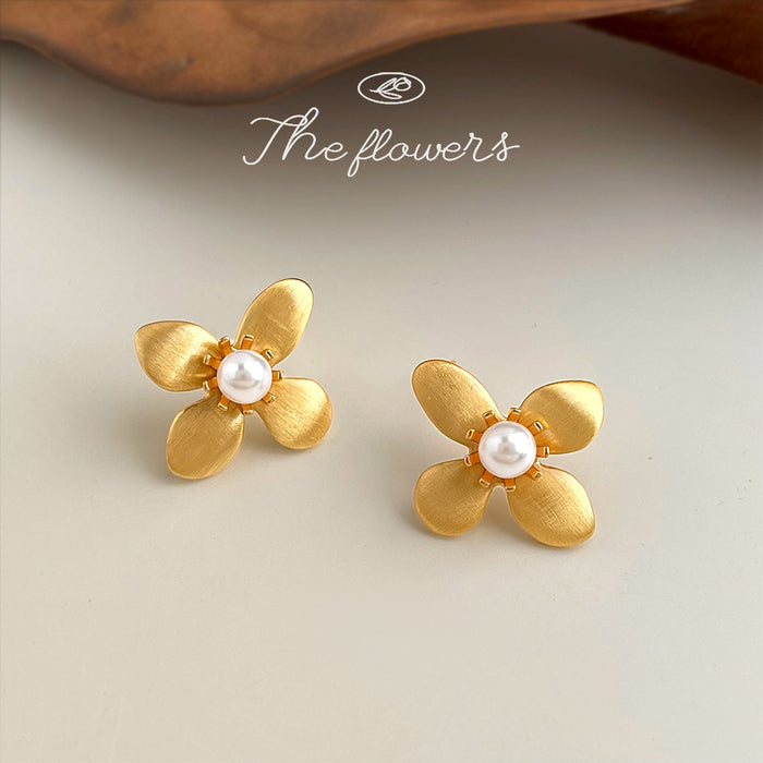 Gold Matte Brushed Four Petal Flower Studs White Pearl Center