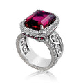 Deep Red Rectangular Solitaire High-Set Filigree Ring In Silver Tone view 5