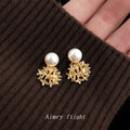 Gold Tone White Pearl Top Open Hydrangea Flower Stud Earrings view 4