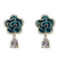 Teal Enamel Camellia Flower Pearl Border Teardrop Zircon Earrings view 5