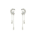 Silver Crescent Moon Star Crystal Chain Drop Earrings view 5