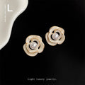 Gold White Enamel Openwork Camellia Pearl Stud Earrings view 4