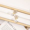 Pink Crystal Flower Pearl Drop Stud Earrings Gold Tone Settings view 4