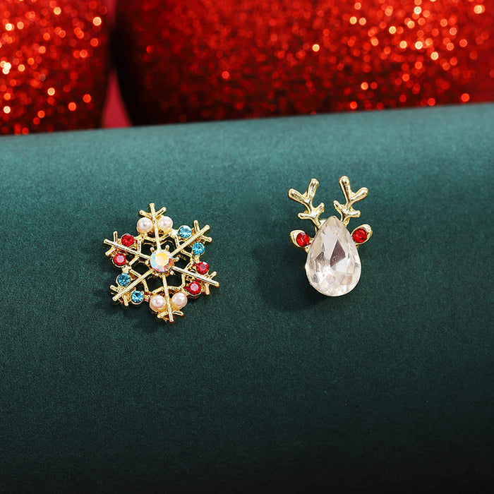 Multicolor Snowflake and Reindeer Mismatched Stud Earrings