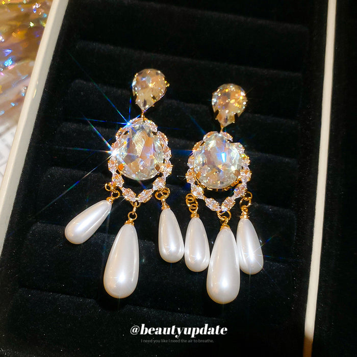 Gold Tone Teardrop Crystal Earrings With Pearl Tassels