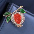 Red Pomegranate Brooch with Green Leaves and Clear Crystals view 4