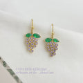 Gold Hook Purple Crystal Grape Drop Earrings Green Leaves view 6
