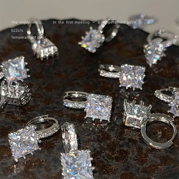 Silver Square Clear Zircon Pave Huggie Hoop Earrings