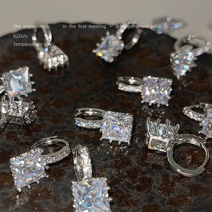 Silver Square Clear Zircon Pave Huggie Hoop Earrings