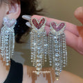 Crystal Heart Fringe Earrings in Pink Silver and Red view 2