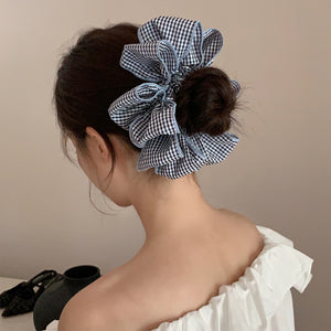 Gingham Flower Petal Scrunchies Black Blue Check Edge