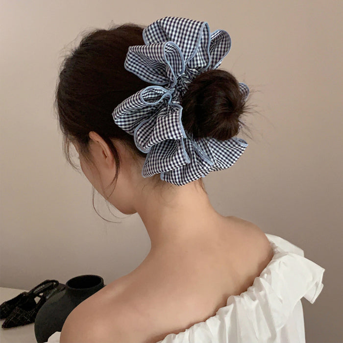 Gingham Flower Petal Scrunchies Black Blue Check Edge