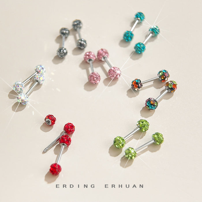 Silver Tone Double Pave Ball Barbell Stud Earrings In Seven Colors