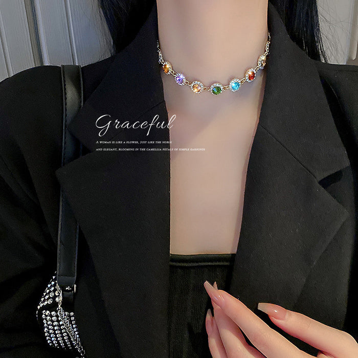 Multicolor Halo and Geometric Rhinestone Necklaces Three Styles
