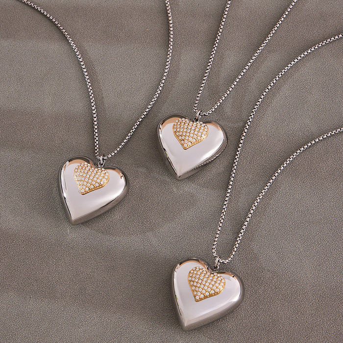 Oversized Two Tone Crystal Heart Pendant Long Necklace