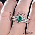 Green Oval Halo And Leaf-Vine Band Two-Ring Set In Three Tones view 4