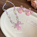 Pink Pearl Bow Star Pendant Necklace And Star Earrings view 2