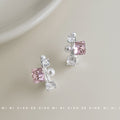 Silver Tone Pink Square Stone White Pearl And Clear Cluster Stud Earrings view 4