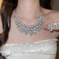 Silver Pearl Crystal Statement Bib Necklace Earrings Set view 2