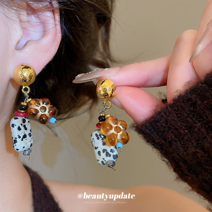 Mottled Stone Flower Drop Earrings In Gold Tone For Distinctive Statement Styling