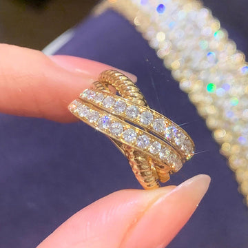 Gold Tone Cross Over Rope Texture Pave Band Finger Ring
